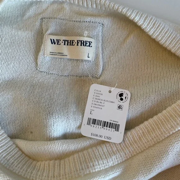 We The Free Cream Blue Cropped Knit Sweater Long Sleeve Casual Womens Size L Nwt - Picture 7 of 9
